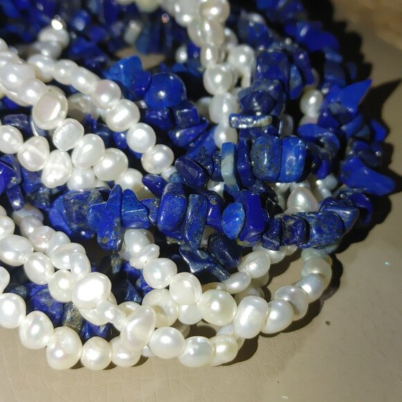Necklace Multi Strand Lapis Lazuli Freshwater Pearl 925 Stamped Lobster Clasp - Picture 3 of 9